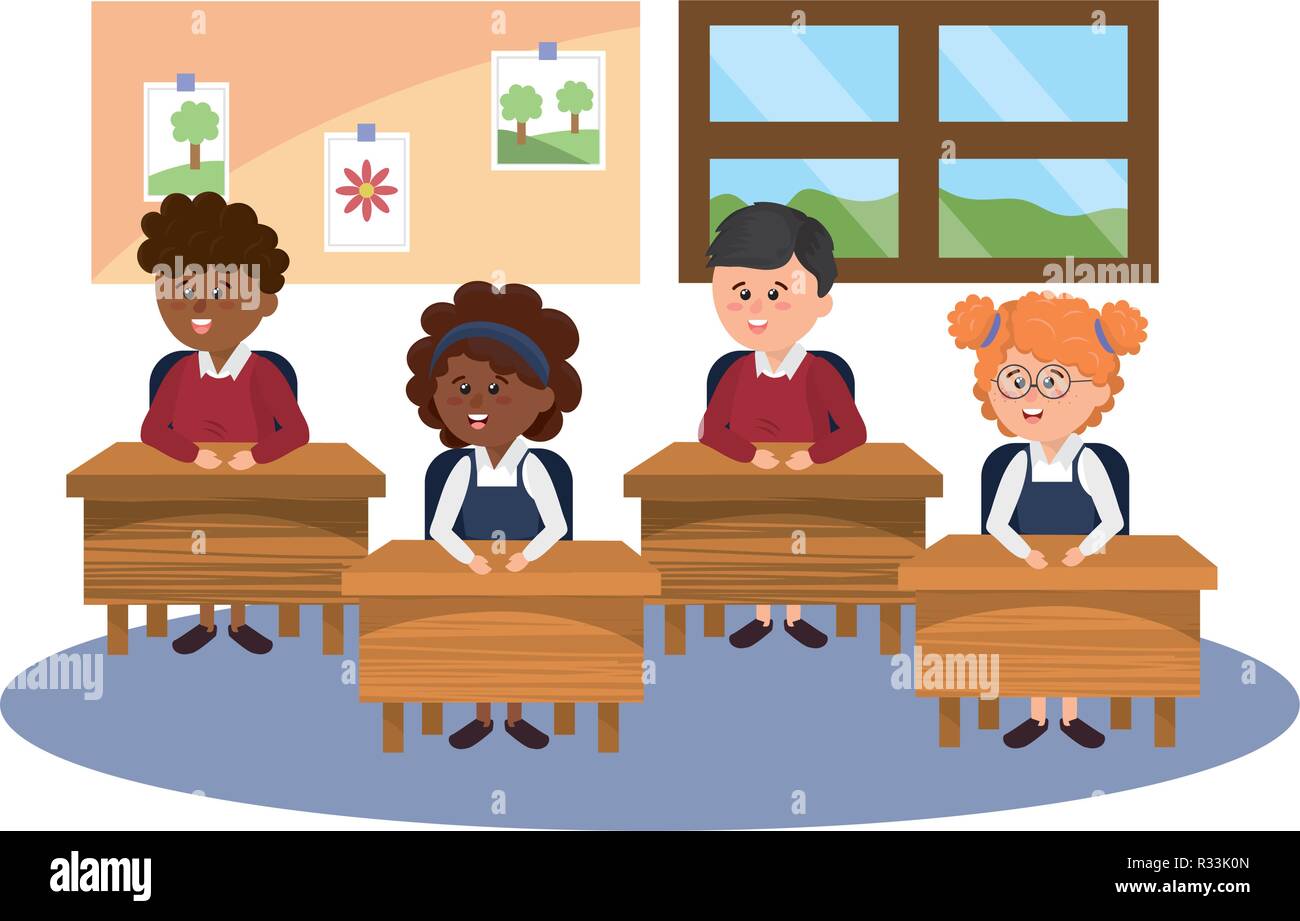 Elementary School Students On Desk Cartoon Vector Illustration