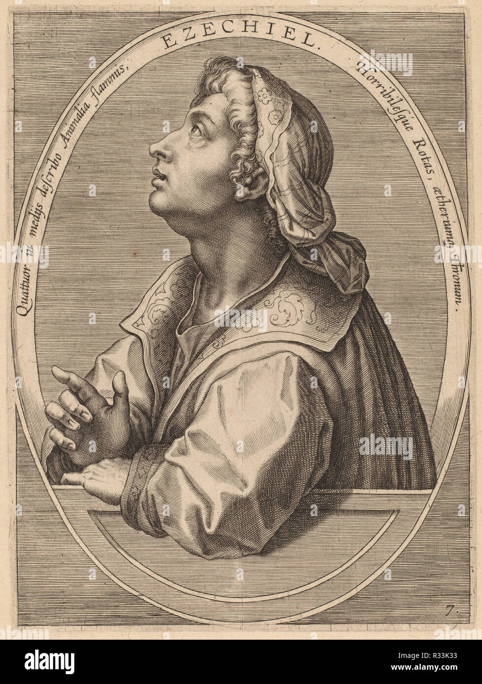 Ezechial. Dated: published 1613. Dimensions: plate: 17.9 x 13.3 cm (7 1/16 x 5 1/4 in.)  sheet: 24.3 x 19 cm (9 9/16 x 7 1/2 in.). Medium: engraving on laid paper. Museum: National Gallery of Art, Washington DC. Author: Theodor Galle after Jan van der Straet. Stock Photo