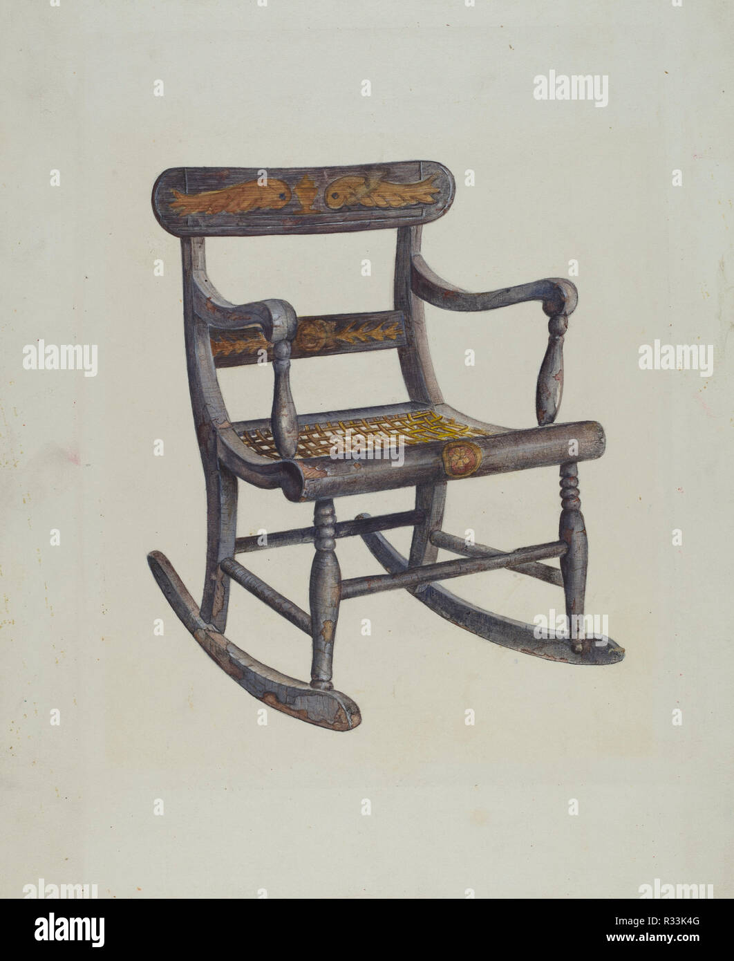 Decorated Child S Rocking Chair Dated C 1942 Dimensions Overall 27 7 X 22 8 Cm 10 7 8 X 9 In Original Iad Object 24 1 2 High 14 3 4 Wide Back 20 Long Rockers See Data Sh For