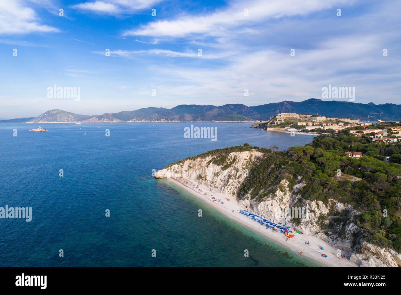 Famous beach of Capobianco near Portoferraio. Island of Elba in Italy. Aerial shot Stock Photo