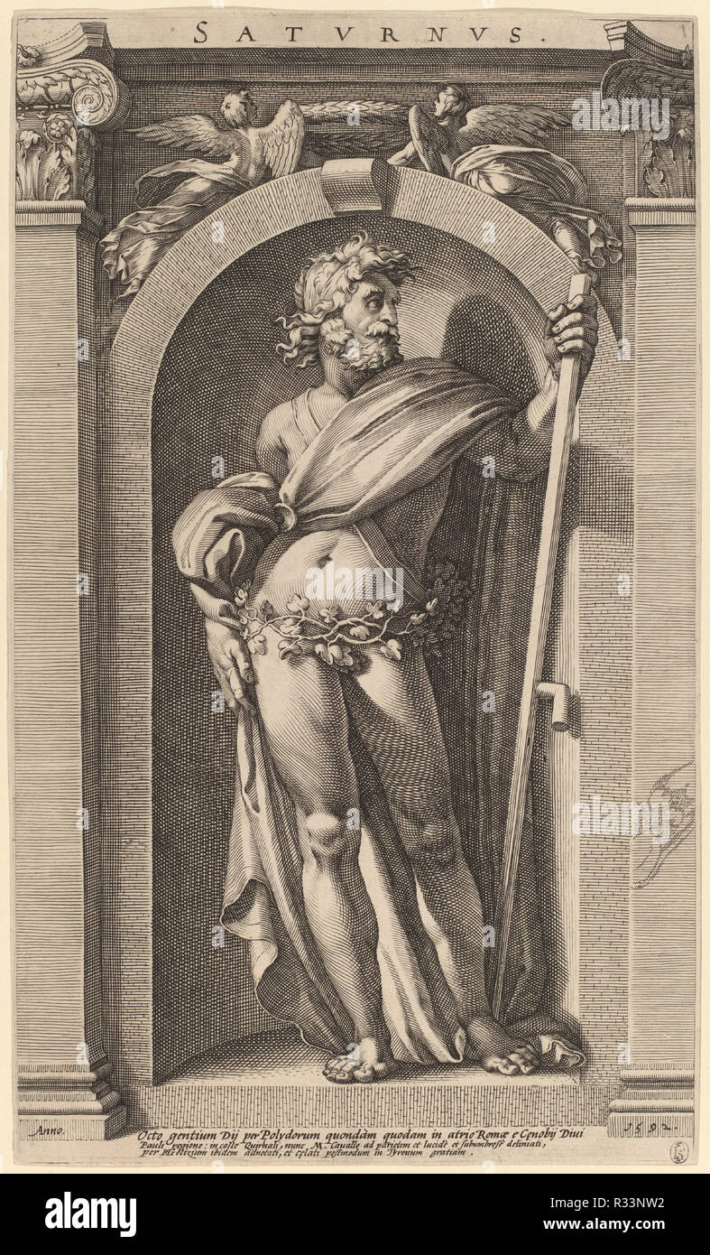Saturn. Dated: 1592. Medium: engraving. Museum: National Gallery of Art, Washington DC. Author: Hendrik Goltzius after Polidoro da Caravaggio. Stock Photo