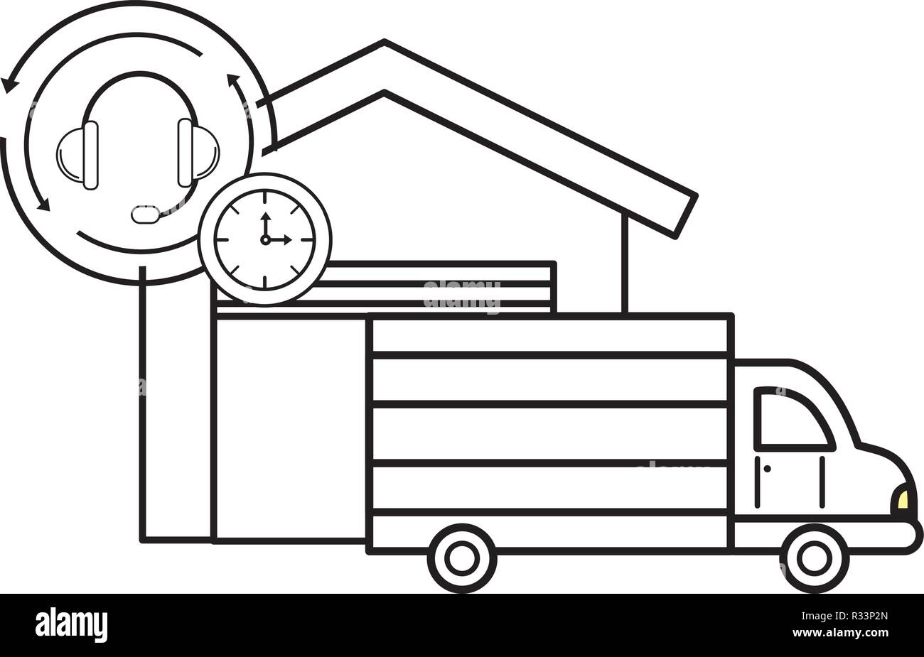 online shopping merchandise truck with clock and call center