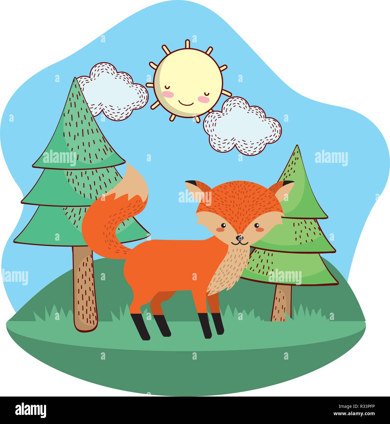 cute animal fox over nature field with beautiful sky and sun with pine