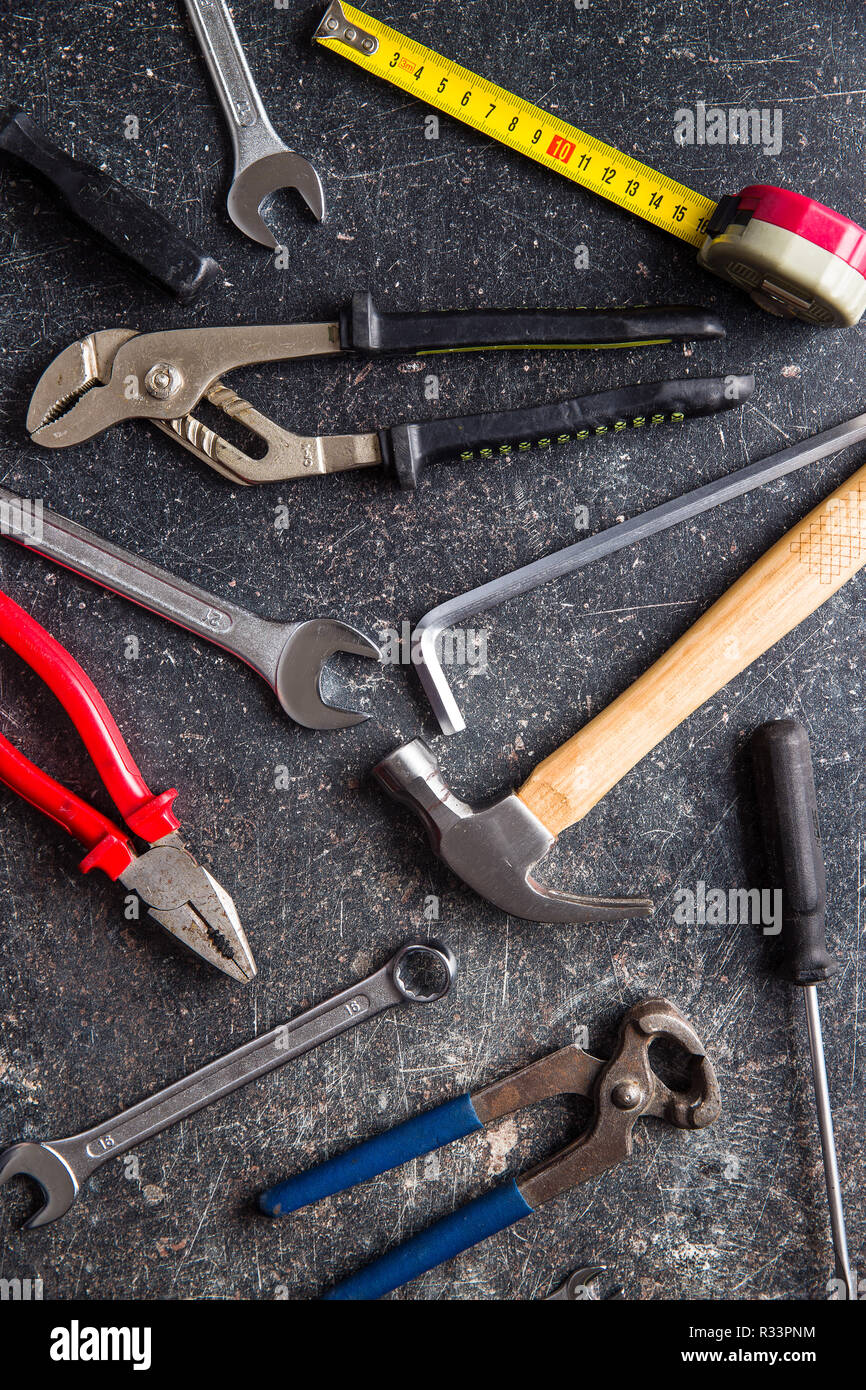 Set of tools. Hand tools for craftsmen on old table. Stock Photo