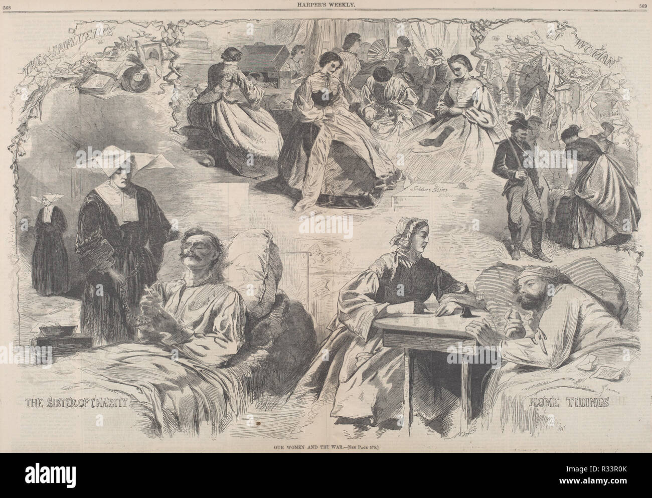 Our Women and the War. Dated: published 1862. Dimensions: image: 34.2 x 51.6 cm (13 7/16 x 20 5/16 in.)  sheet: 40.1 x 56.6 cm (15 13/16 x 22 5/16 in.). Medium: wood engraving on newsprint. Museum: National Gallery of Art, Washington DC. Author: after Winslow Homer. Stock Photo