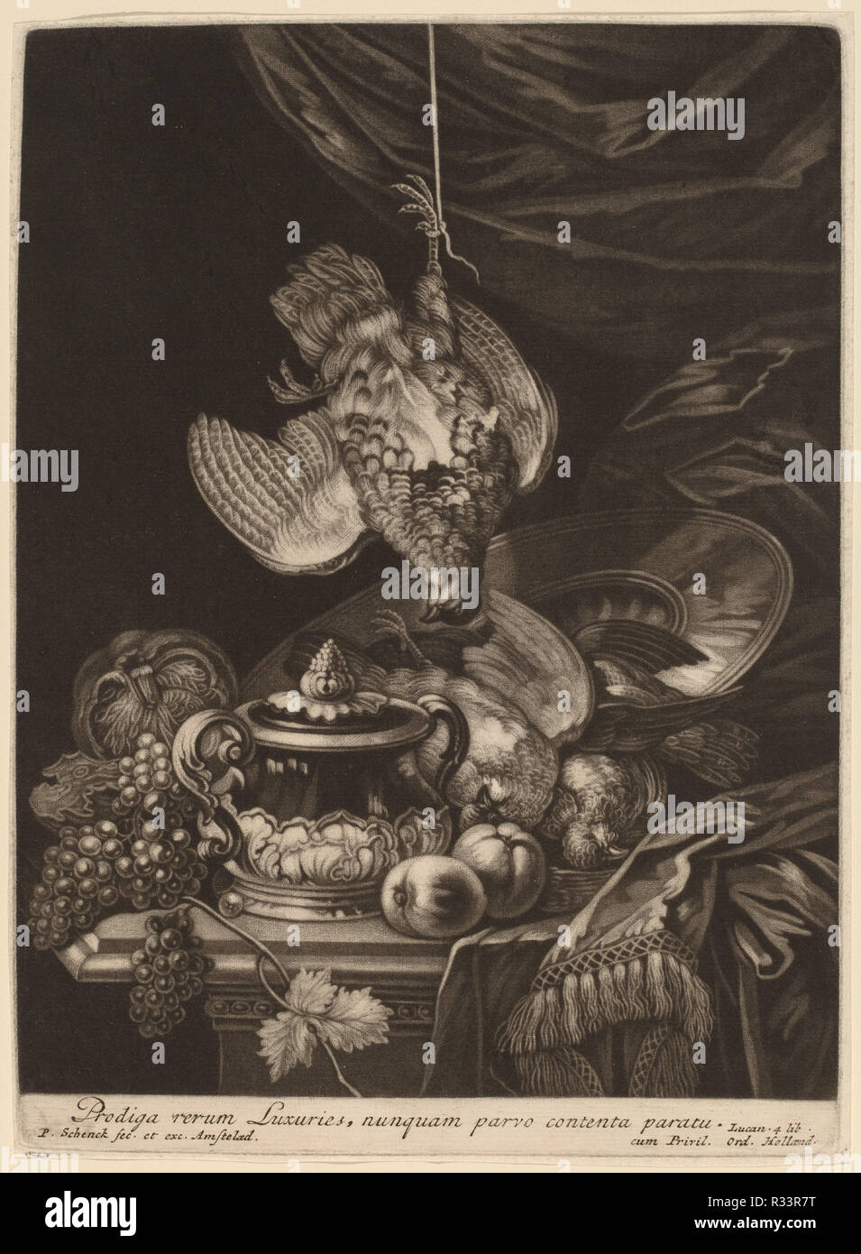 Still Life with a Hanging Partridge. Dimensions: plate: 24.6 x 18 cm (9 11/16 x 7 1/16 in.)  sheet: 24.9 x 18.4 cm (9 13/16 x 7 1/4 in.). Medium: mezzotint on laid paper. Museum: National Gallery of Art, Washington DC. Author: Pieter Schenck I. Stock Photo