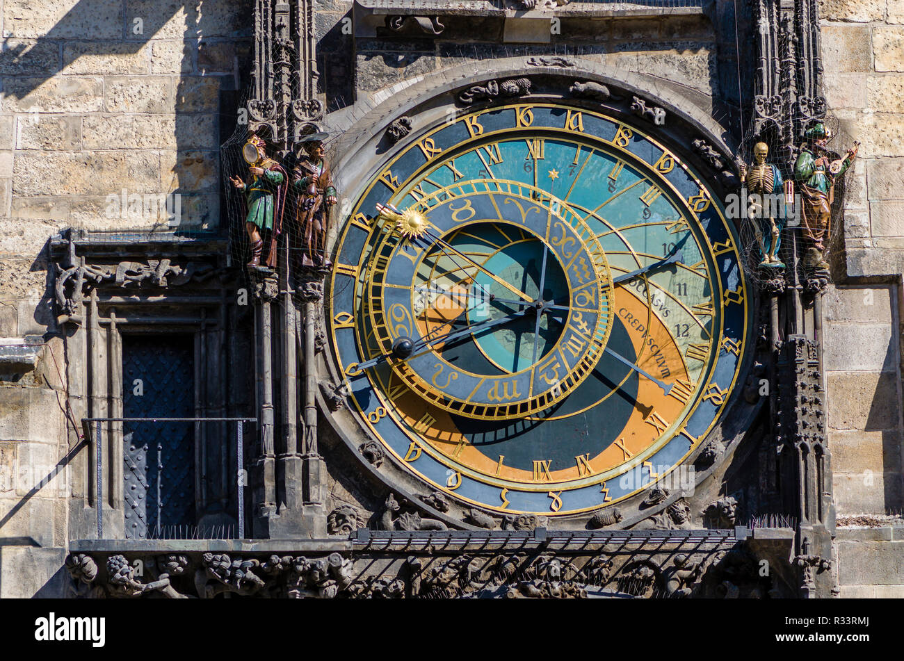 'Prazsky orloj', the astronomical clock of Prague's town hall, was built in 1410 by royal clockmaker Mikulas of Kadan Stock Photo