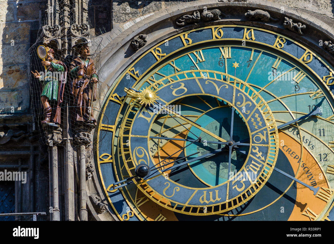 'Prazsky orloj', the astronomical clock of Prague's town hall, was built in 1410 by royal clockmaker Mikulas of Kadan Stock Photo
