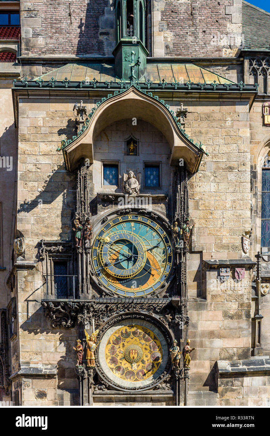 'Prazsky orloj', the astronomical clock of Prague's town hall, was built in 1410 by royal clockmaker Mikulas of Kadan Stock Photo
