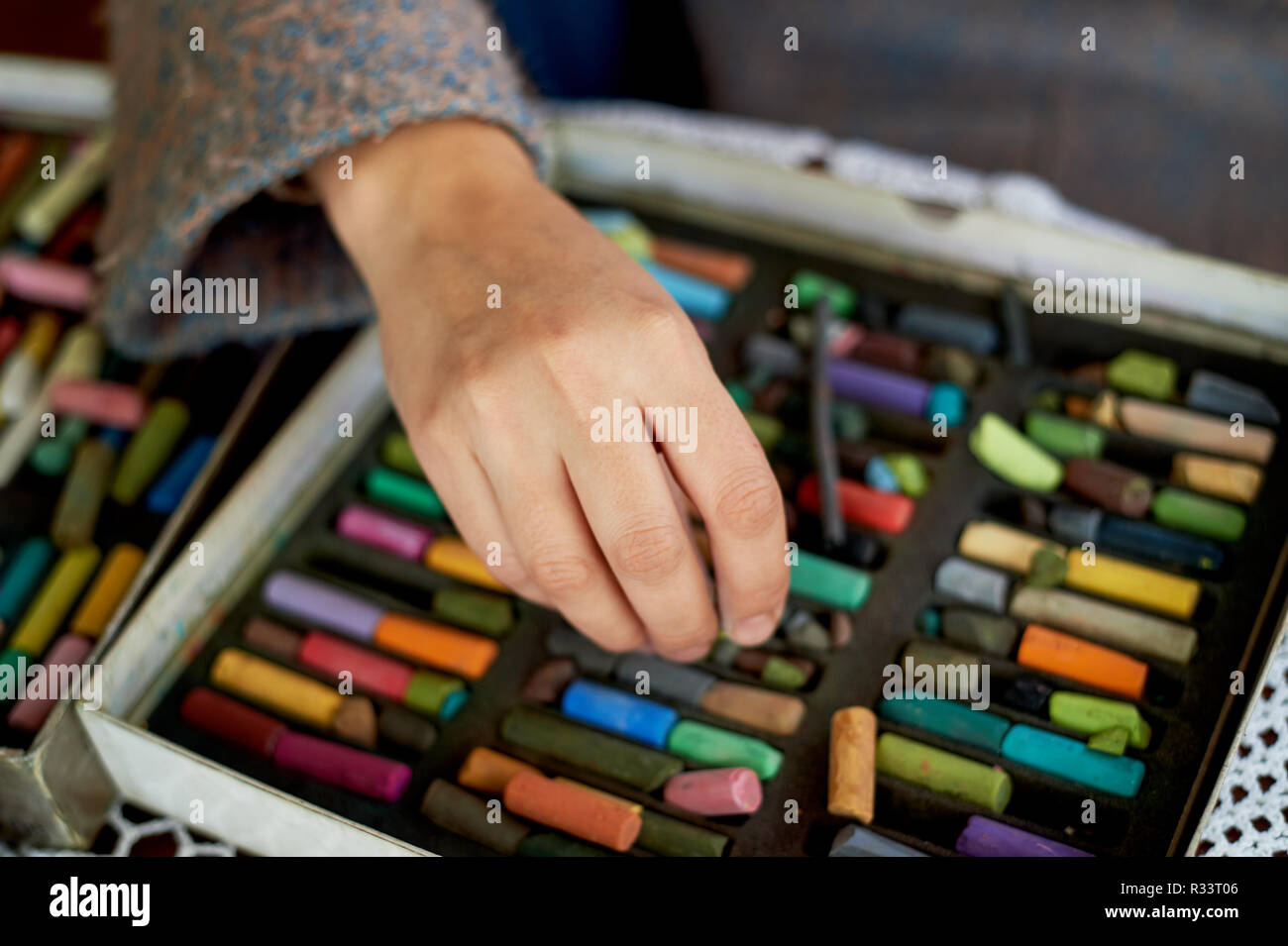 Dry pastel. Crayons in the box. Artistic accessories. Creative tools of  self-expression Stock Photo - Alamy