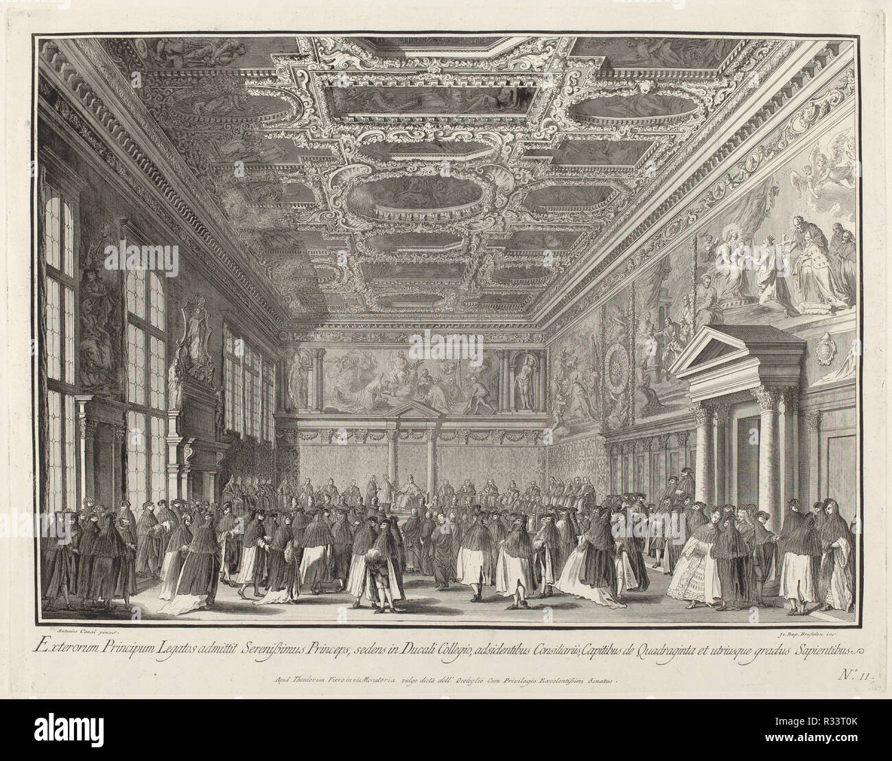 Reception by the Doge of Foreign Ambassadors in the Sala del Collegio. Dated: 1763/1766. Dimensions: plate: 44.8 x 57.4 cm (17 5/8 x 22 5/8 in.)  sheet: 50.3 x 67.4 cm (19 13/16 x 26 9/16 in.). Medium: etching and engraving on laid paper. Museum: National Gallery of Art, Washington DC. Author: Giovanni Battista Brustolon after Canaletto. Stock Photo