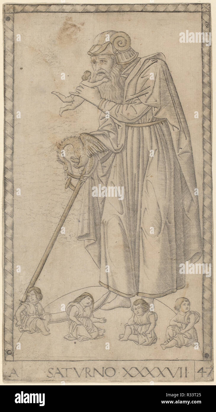 Saturno (Saturn). Dated: c. 1465. Dimensions: sheet: 17.8 x 10 cm (7 x 3 15/16 in.). Medium: engraving with traces of gilding. Museum: National Gallery of Art, Washington DC. Author: Master of the E-Series Tarocchi. Stock Photo