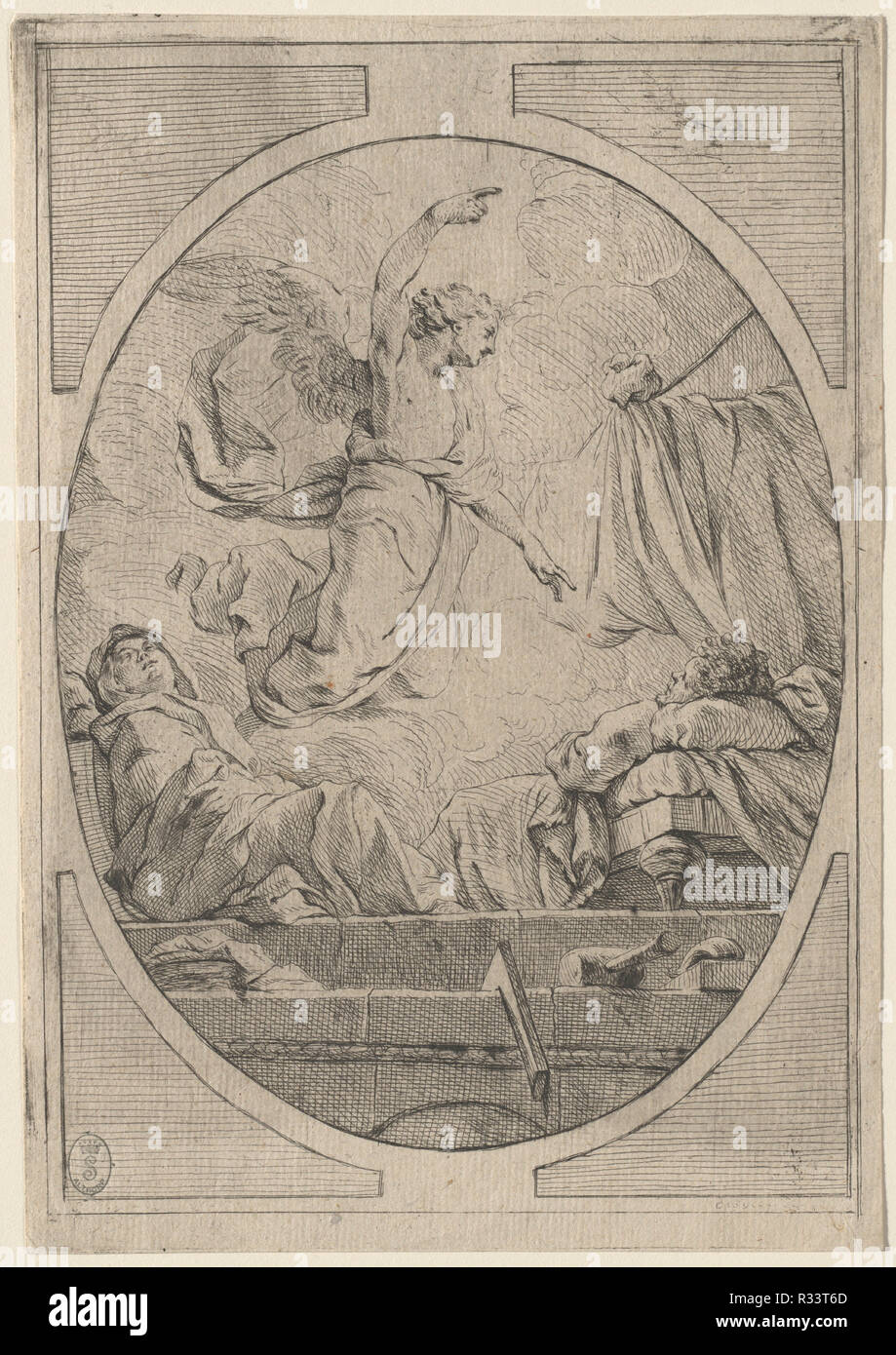 The Dream of Saint Joseph. Dated: c. 1730?. Dimensions: sheet: 21.4 × 14.9 cm (8 7/16 × 5 7/8 in.), cut to platemark. Medium: etching on laid paper. Museum: National Gallery of Art, Washington DC. Author: French 18th Century after Pierre-Hubert Subleyras. Stock Photo