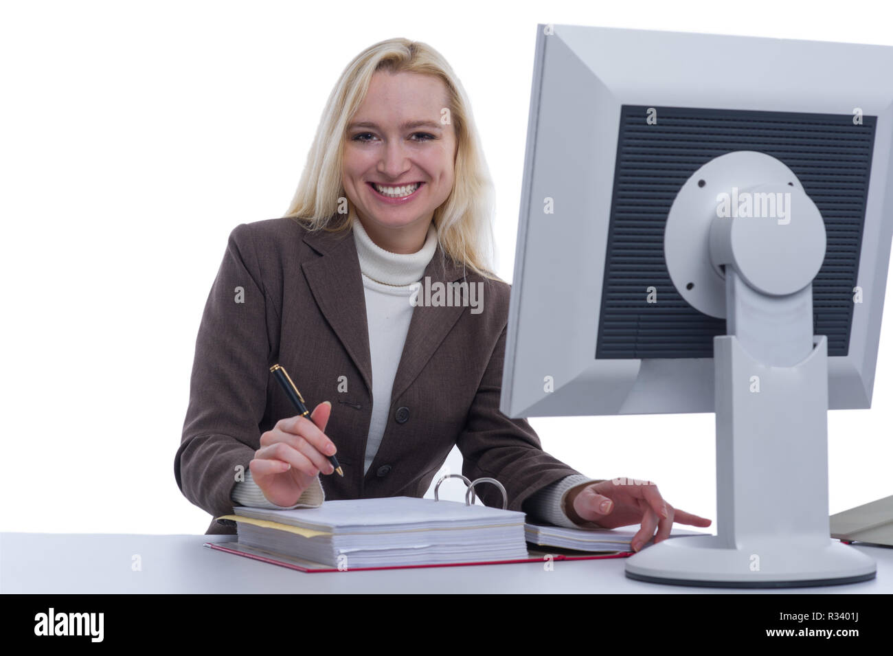 young woman works on the pc Stock Photo