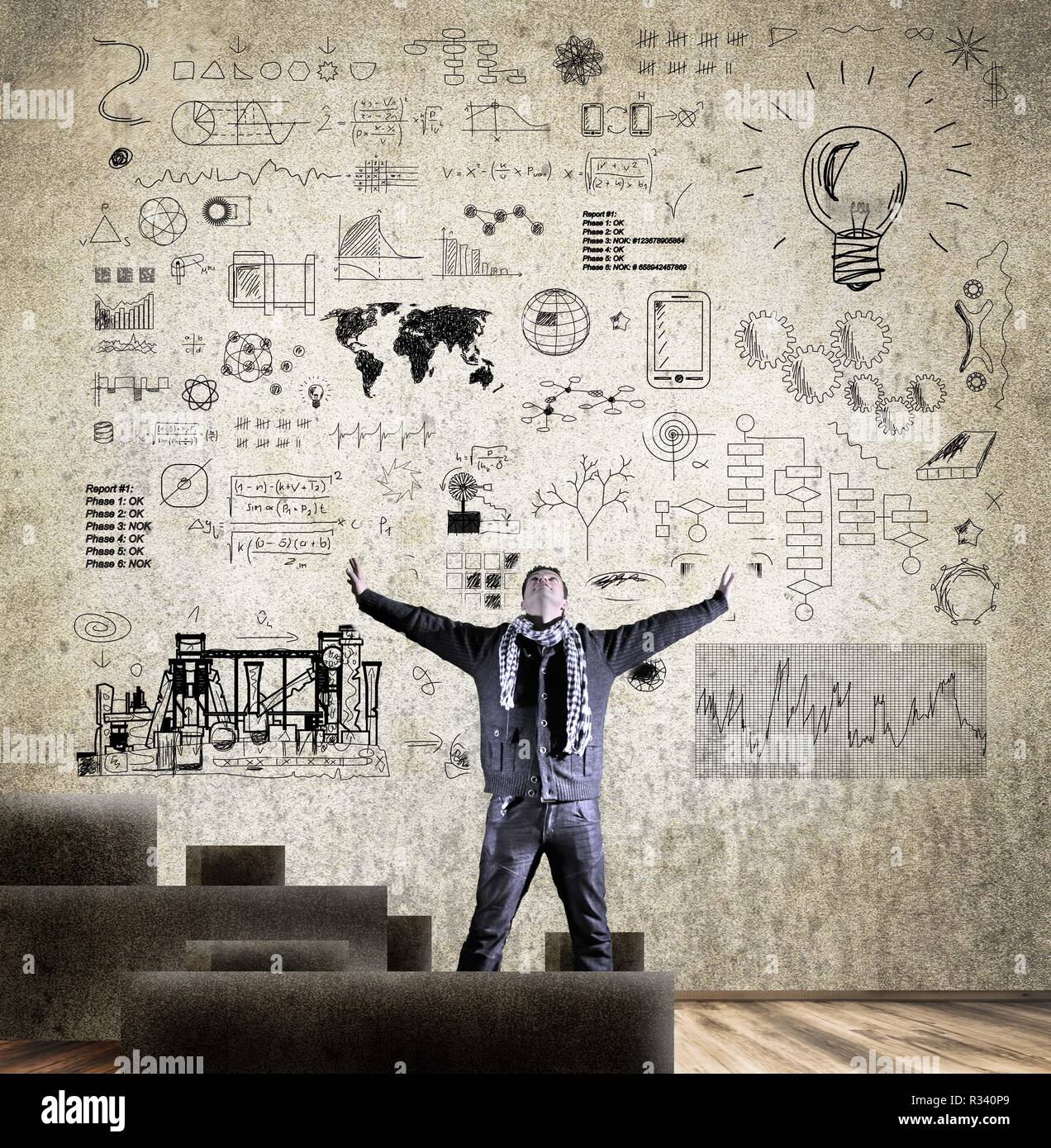 man with wall full of sketches,solutions,ideas Stock Photo