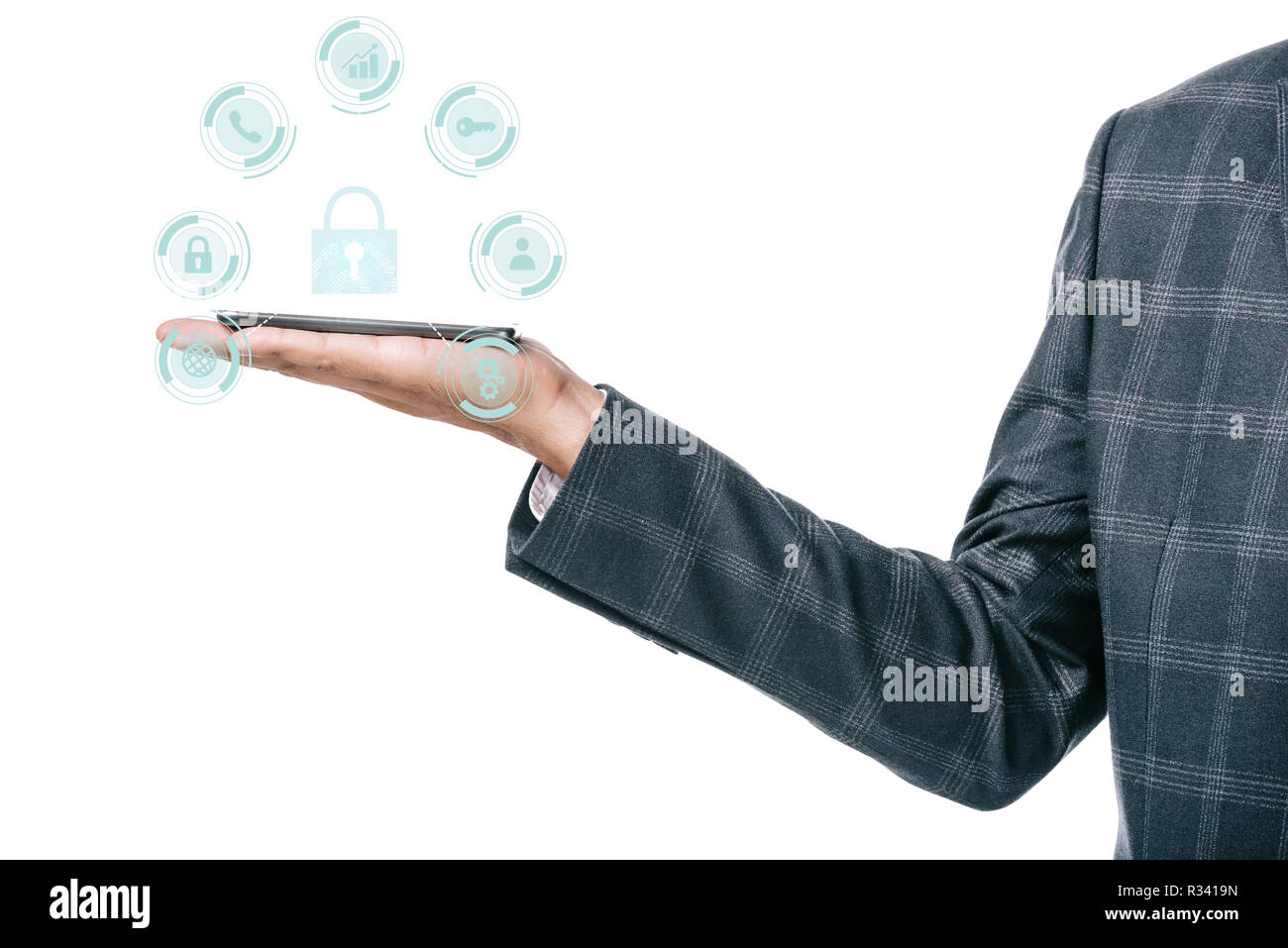 cropped shot of businessman holding smartphone on palm with cyber security signs around isolated on white Stock Photo