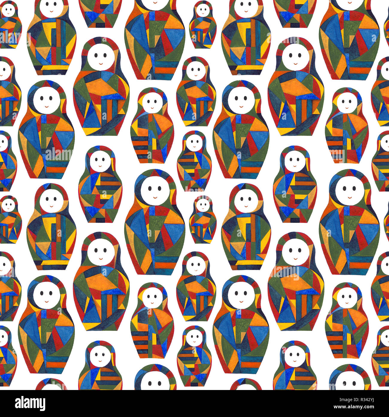 Watercolor abstract girls seamless pattern. Nesting doll characters
