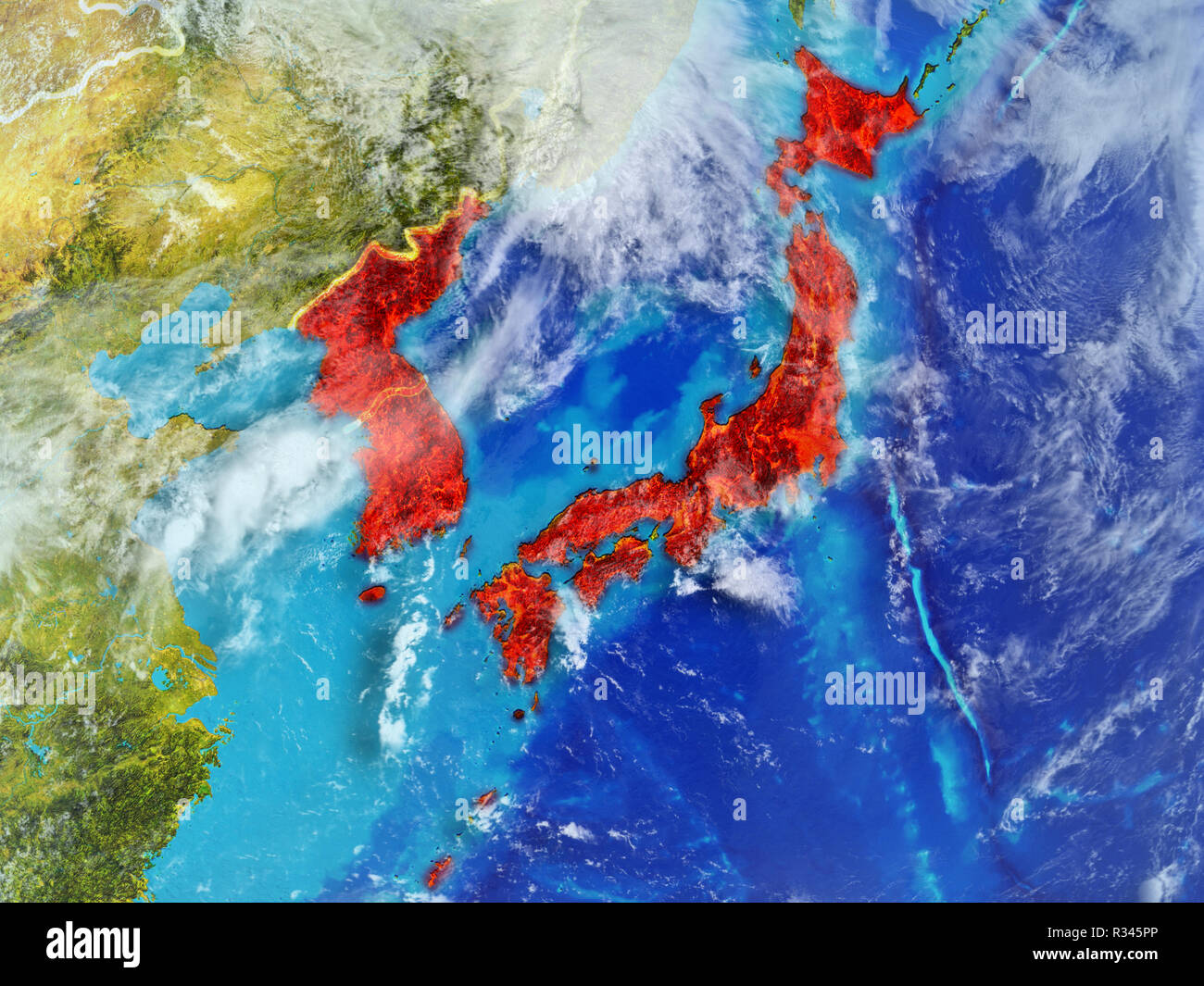 Japan and Korea from space on model of planet Earth with country ...