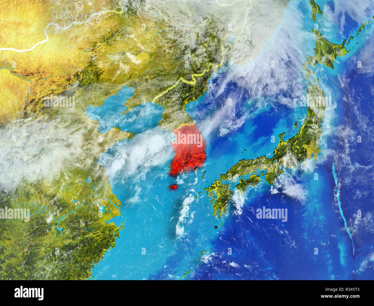 South Korea from space on model of planet Earth with country borders ...