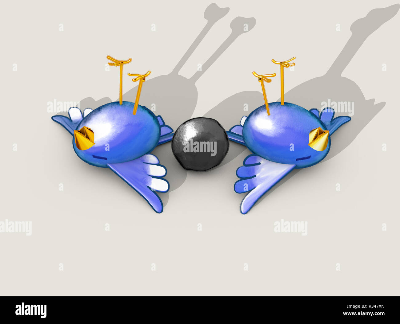 Two cartoon style blue birds apparently dead next to a grey stone with a literal depiction of the saying kill two birds with one stone - 3D render Stock Photo