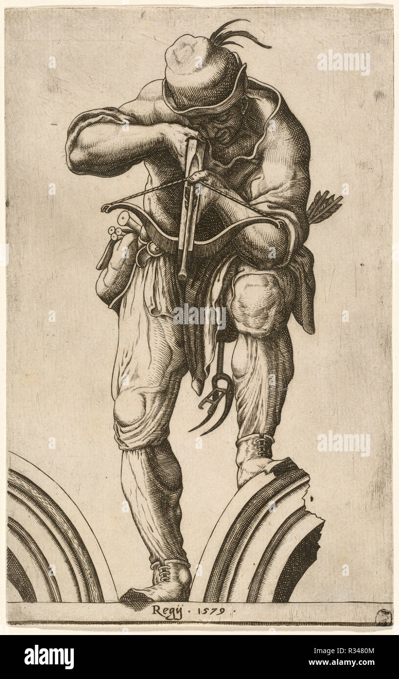 An Archer Shooting a Crossbow. Dated: 1579. Dimensions: sheet (cut inside platemark): 22.1 x 14 cm (8 11/16 x 5 1/2 in.). Medium: engraving on laid paper. Museum: National Gallery of Art, Washington DC. Author: Attributed to Cherubino Alberti (formerly Cornelis Cort) after Lelio Orsi. Stock Photo