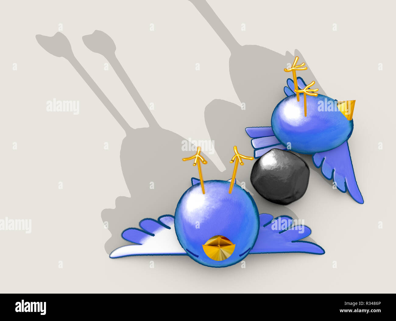 Two cartoon style blue birds apparently dead next to a grey stone with a literal depiction of the saying kill two birds with one stone - 3D render Stock Photo