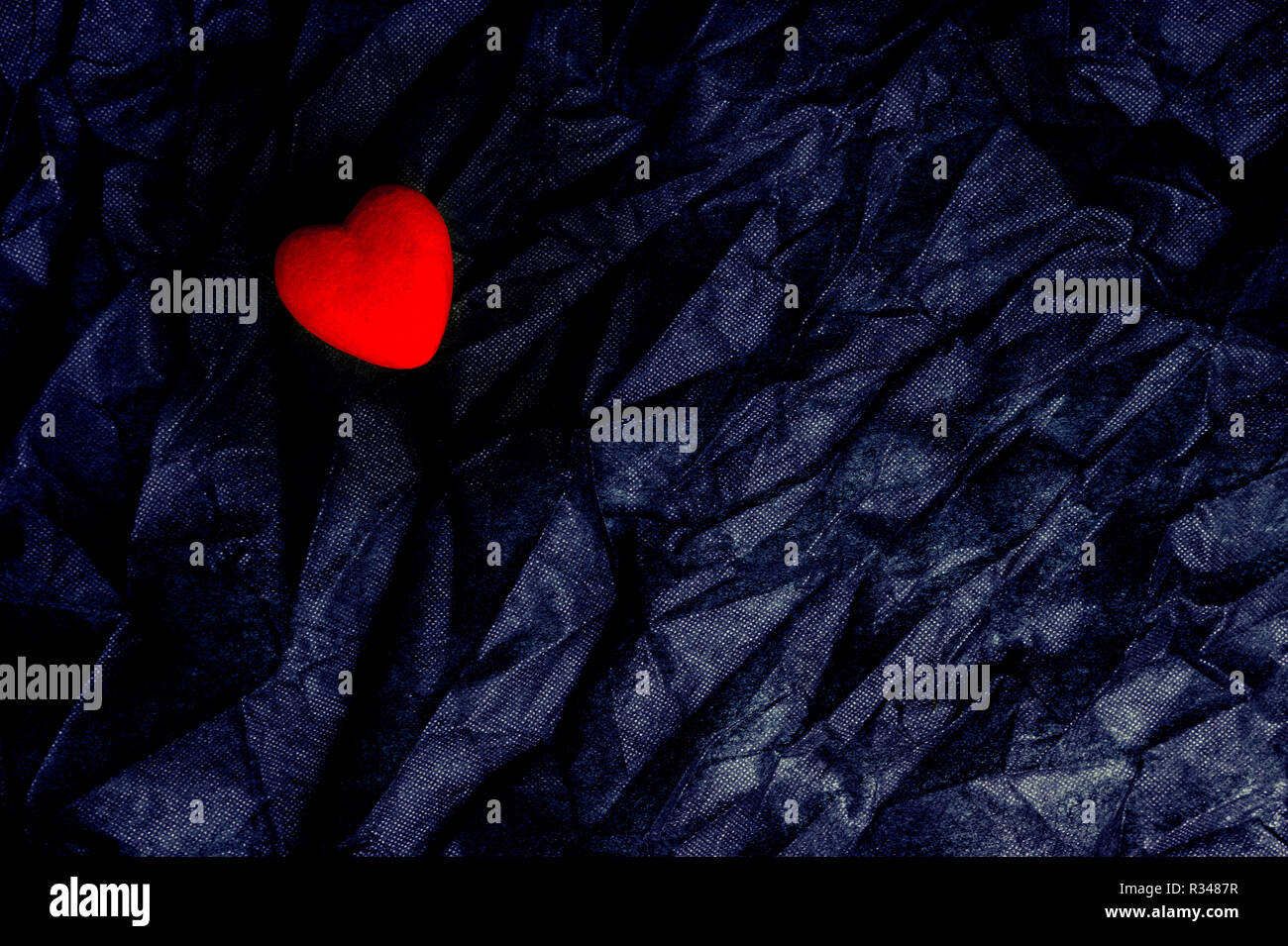 Top View Red Heart On Wrinkled Black Texture Background Happy