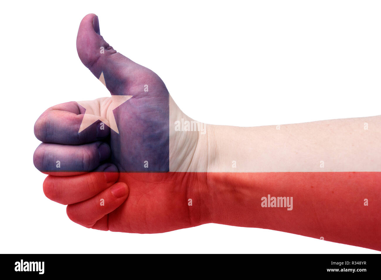 The concept of Chile-the hand gives a thumbs up with the flag of Chile. The hand and the flag of Chile. Stock Photo