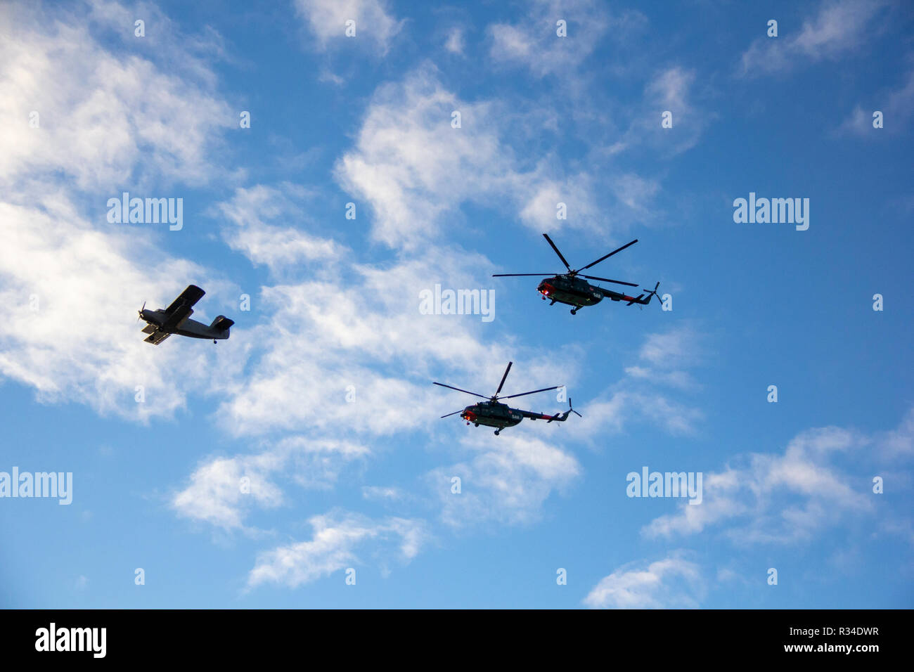 November 18, 2018. NATO helicopters and airplane with flag at military parade in Riga, Latvia. Celebration of 100 year off free independent Latvia. Stock Photo