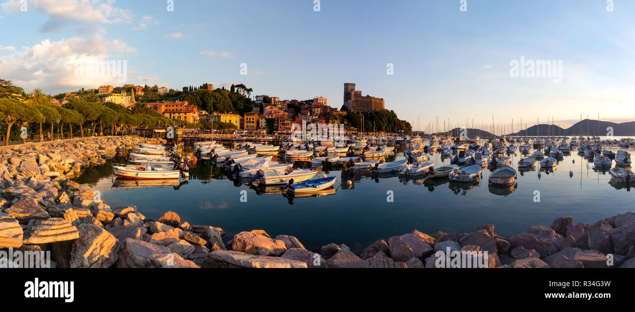 Sunset, port of Lerici. Boats and little village. Tourist destination in Liguria Stock Photo