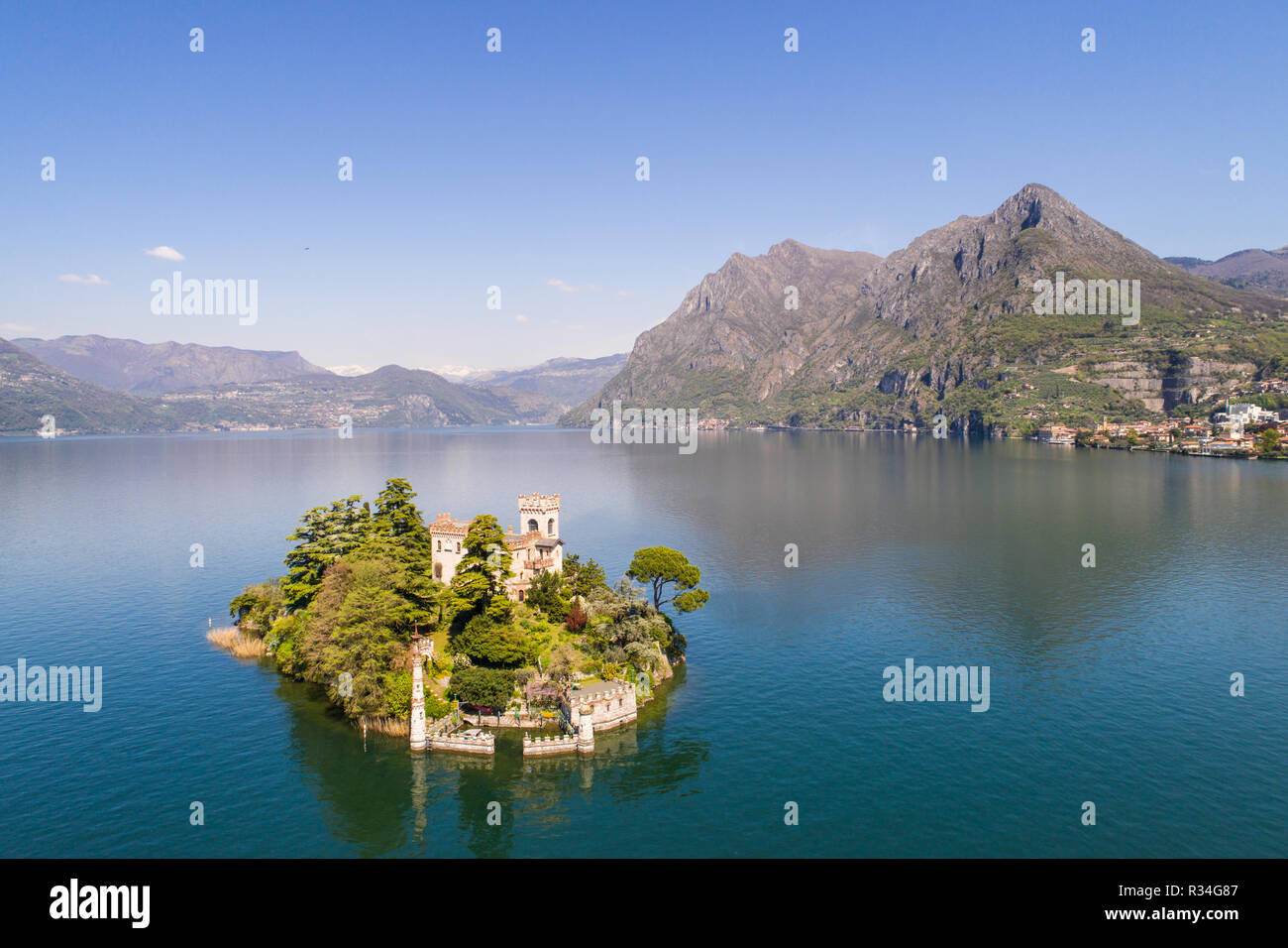 Loreto island, lake of Iseo in Italy. Aerial photo. Stock Photo