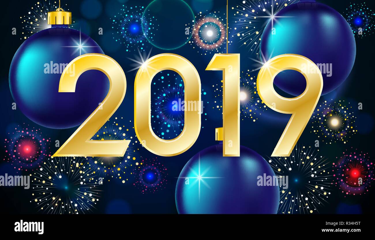 Merry christmas and happy new year 2019 greeting card. Winter banner with gold text, shiny bauble balls and firework. Vector illustration Stock Vector
