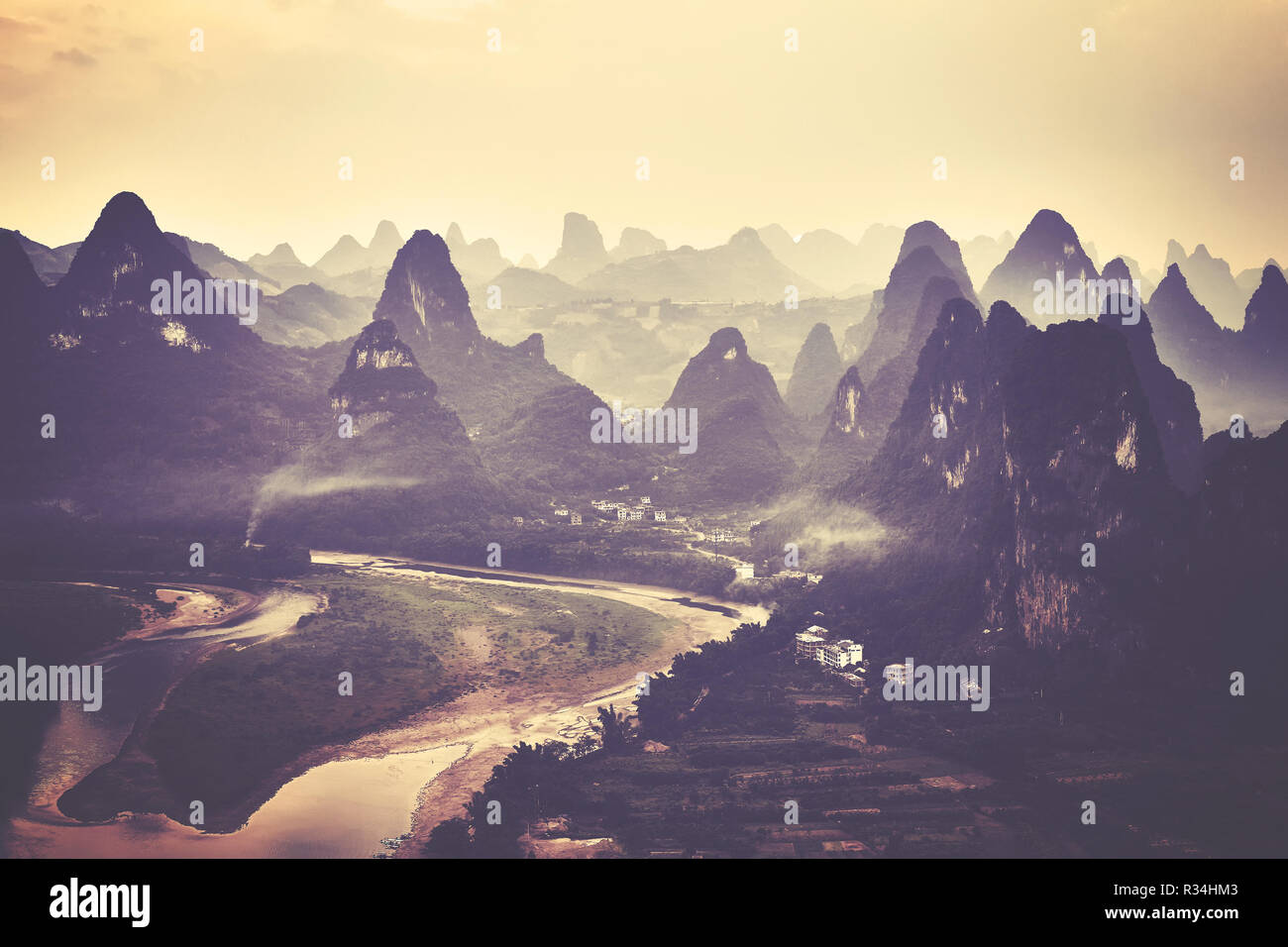 Vintage toned picture of a Lijiang River at sunset, Guangxi, China. Stock Photo