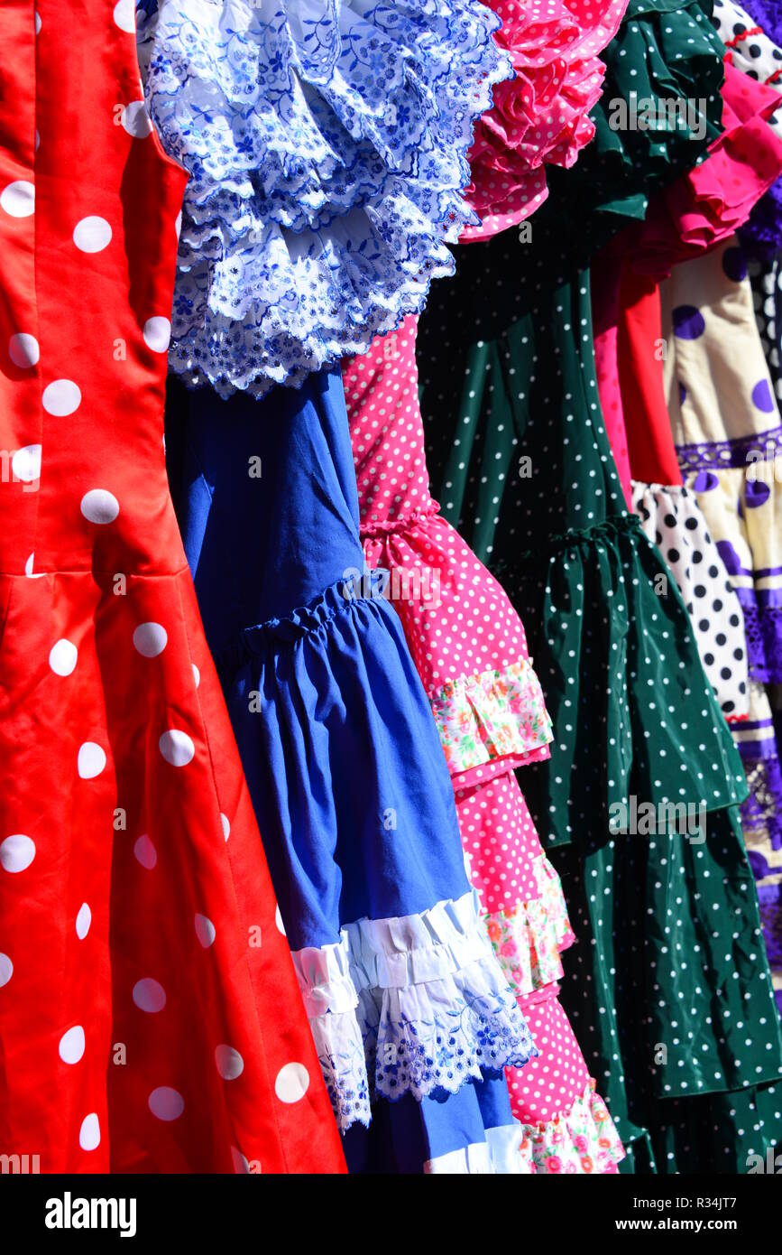 spain weekly market,dresses,flamenco,bunt,points Stock Photo