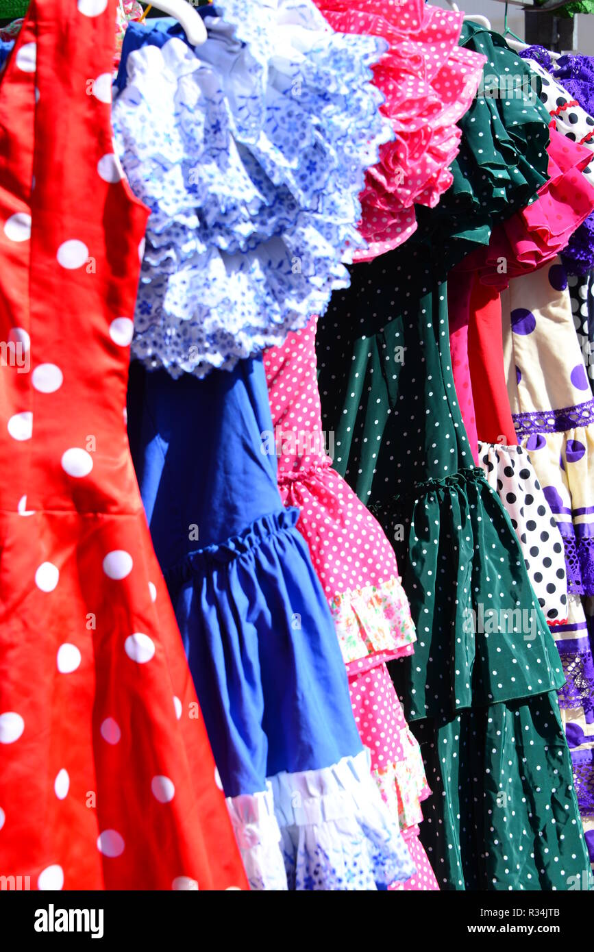 spain weekly market,dresses,flamenco,bunt,points Stock Photo