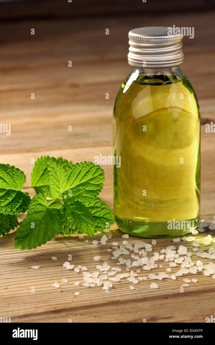 body oil with mint and bath salts Stock Photo
