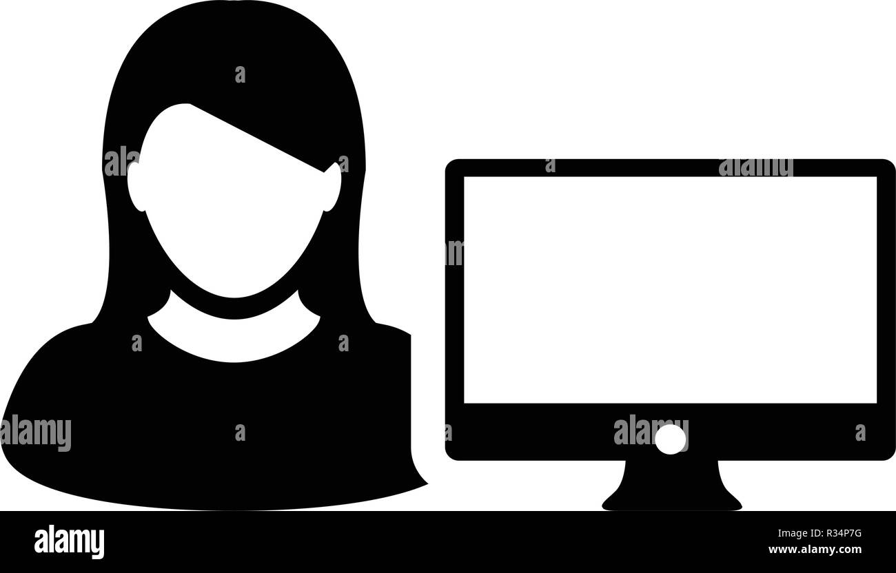 Person icon vector female user with computer monitor screen avatar in ...