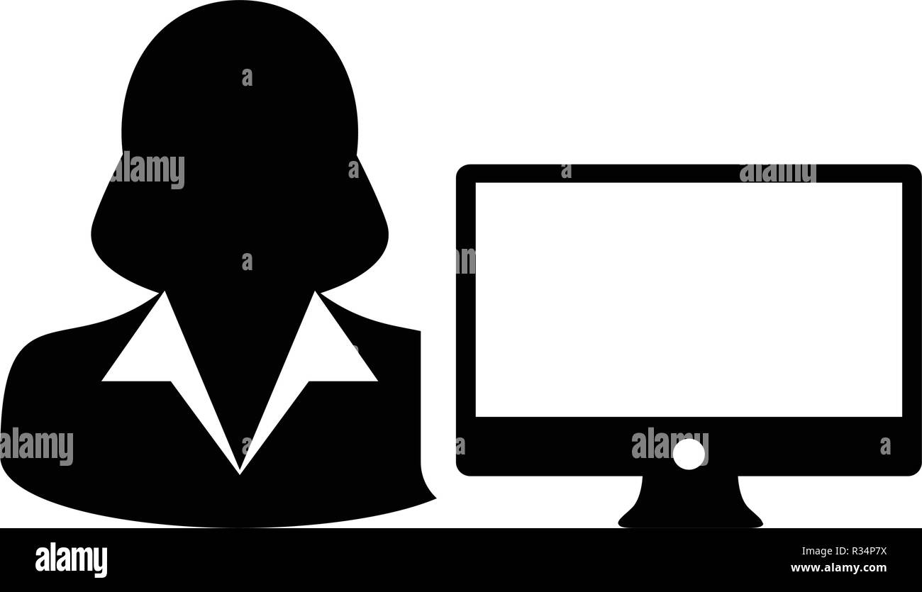 Computer icon vector female person user with computer monitor screen ...