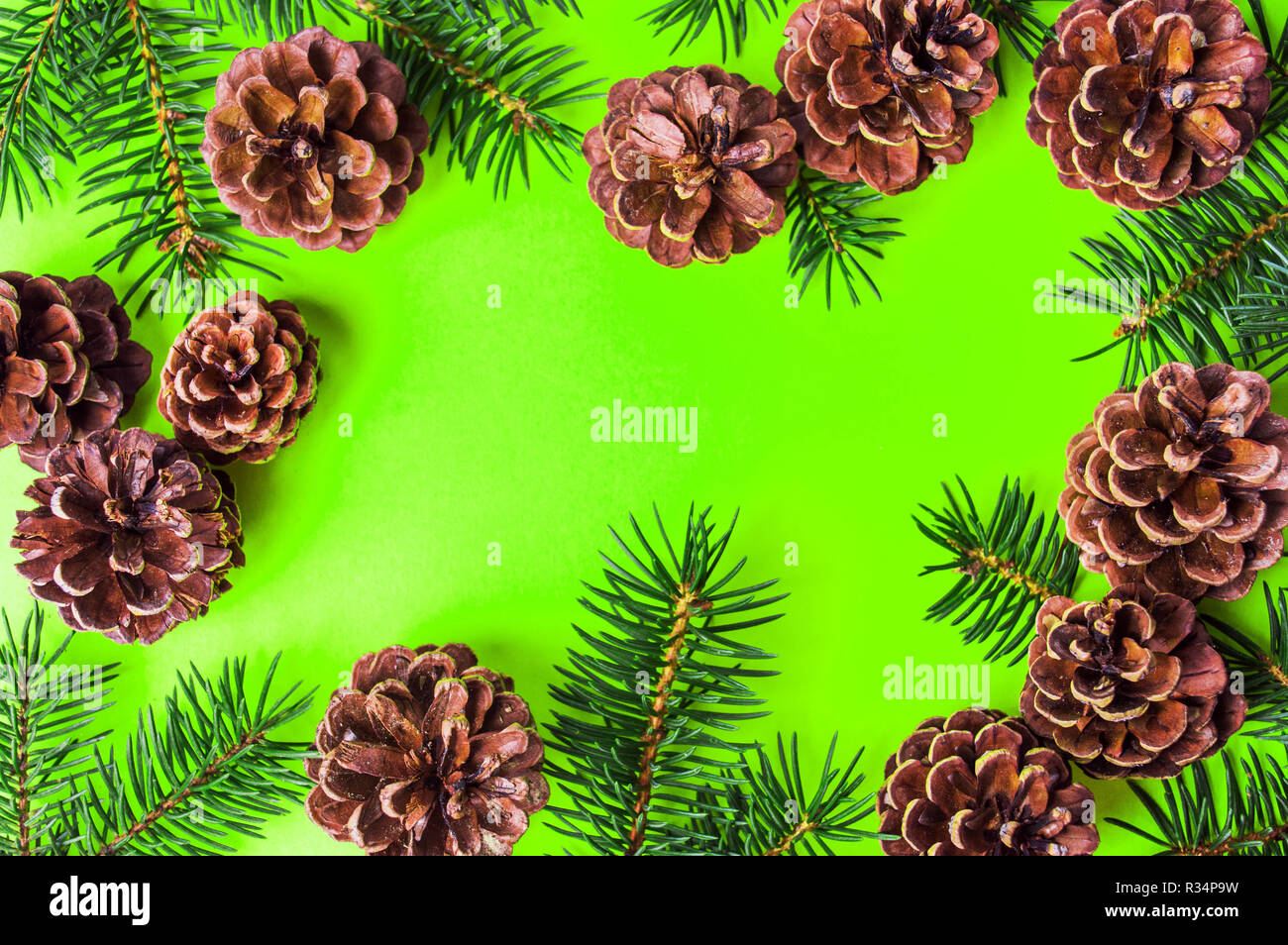 Pine cones on yellow background festive background flat lay Stock Photo