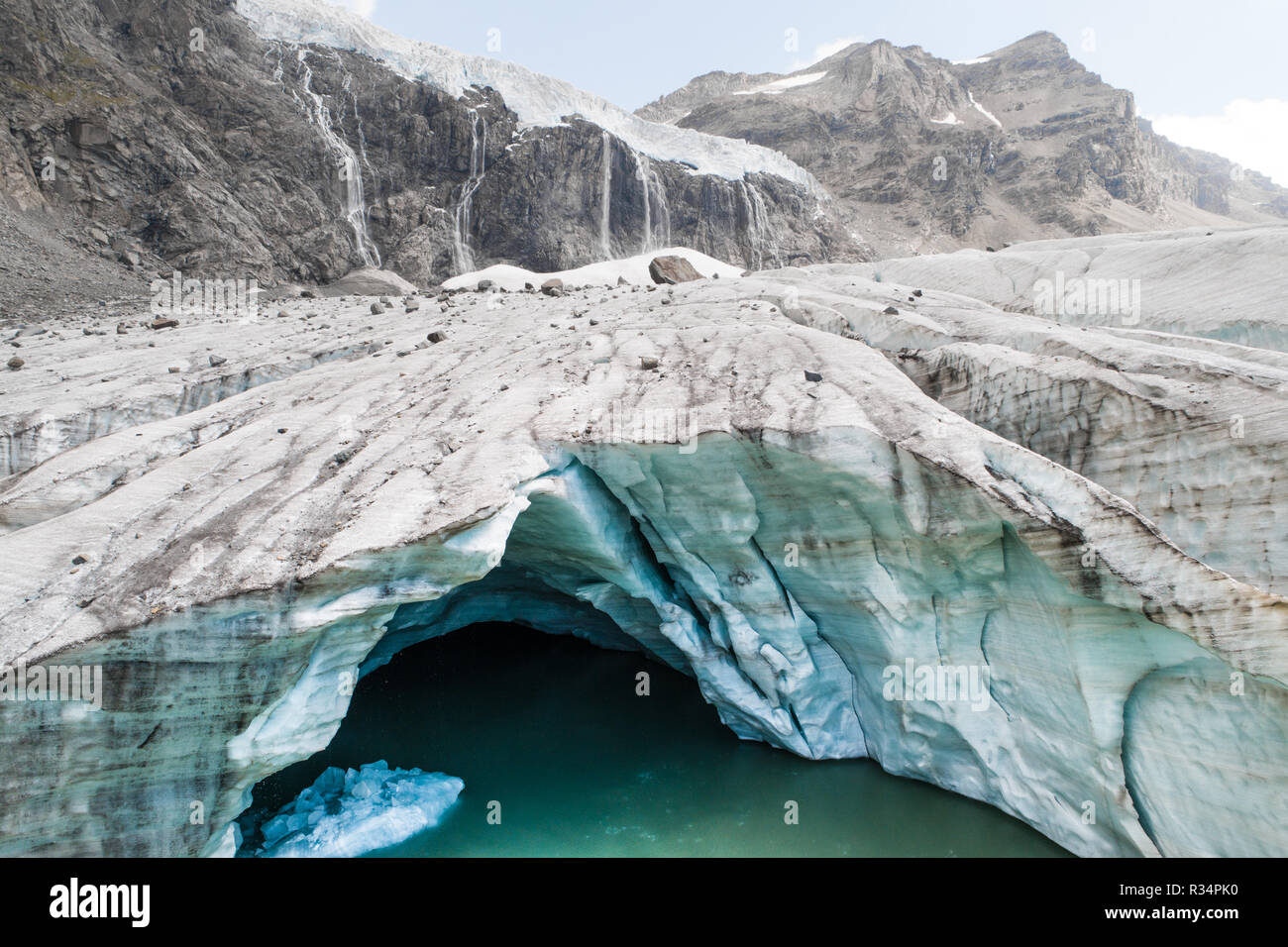Glacier in Valtellina, melting glaciers in the Italian Alps. Glacier of Fellaria in Valmalenco Stock Photo