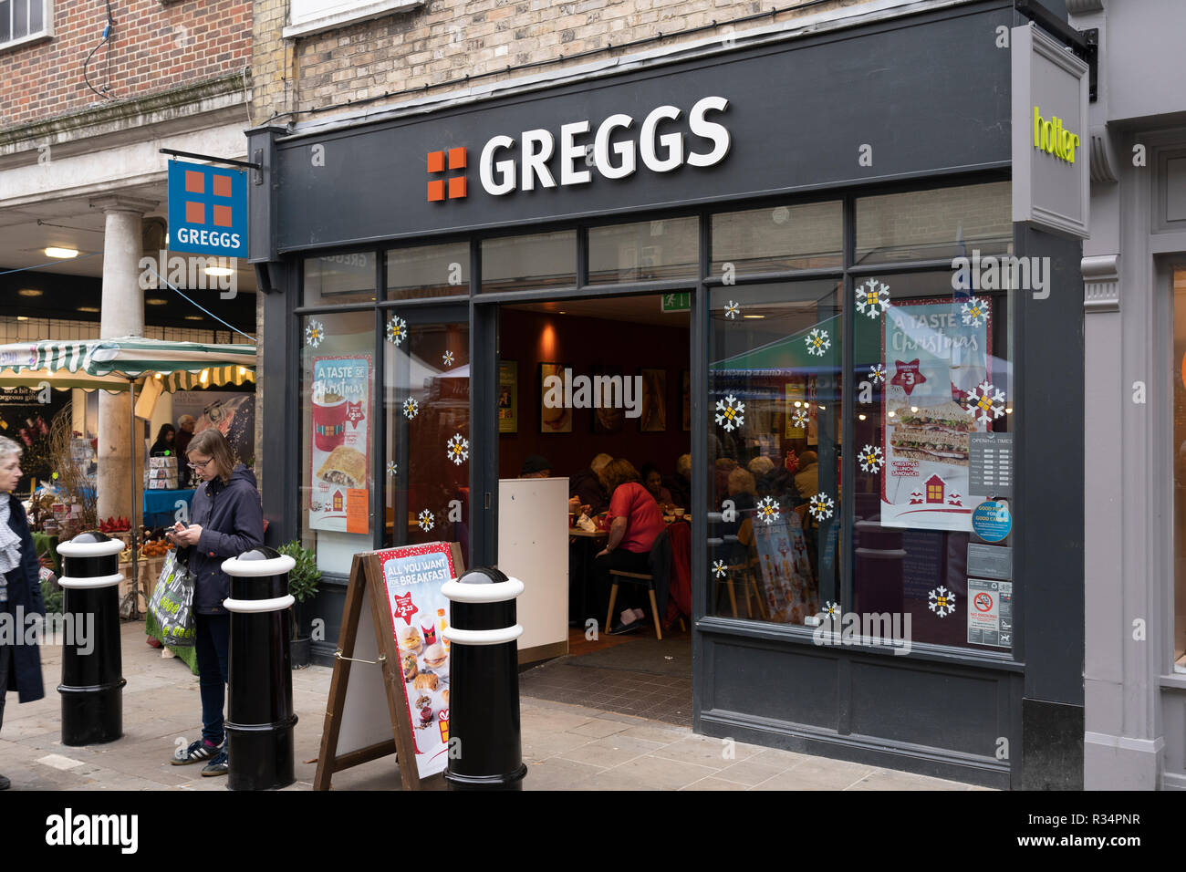 A Greggs branch on Winchester High Street near Christmas time Stock Photo