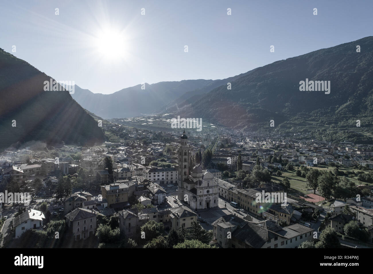 City of Tirano, panoramic view. Valtellina Stock Photo