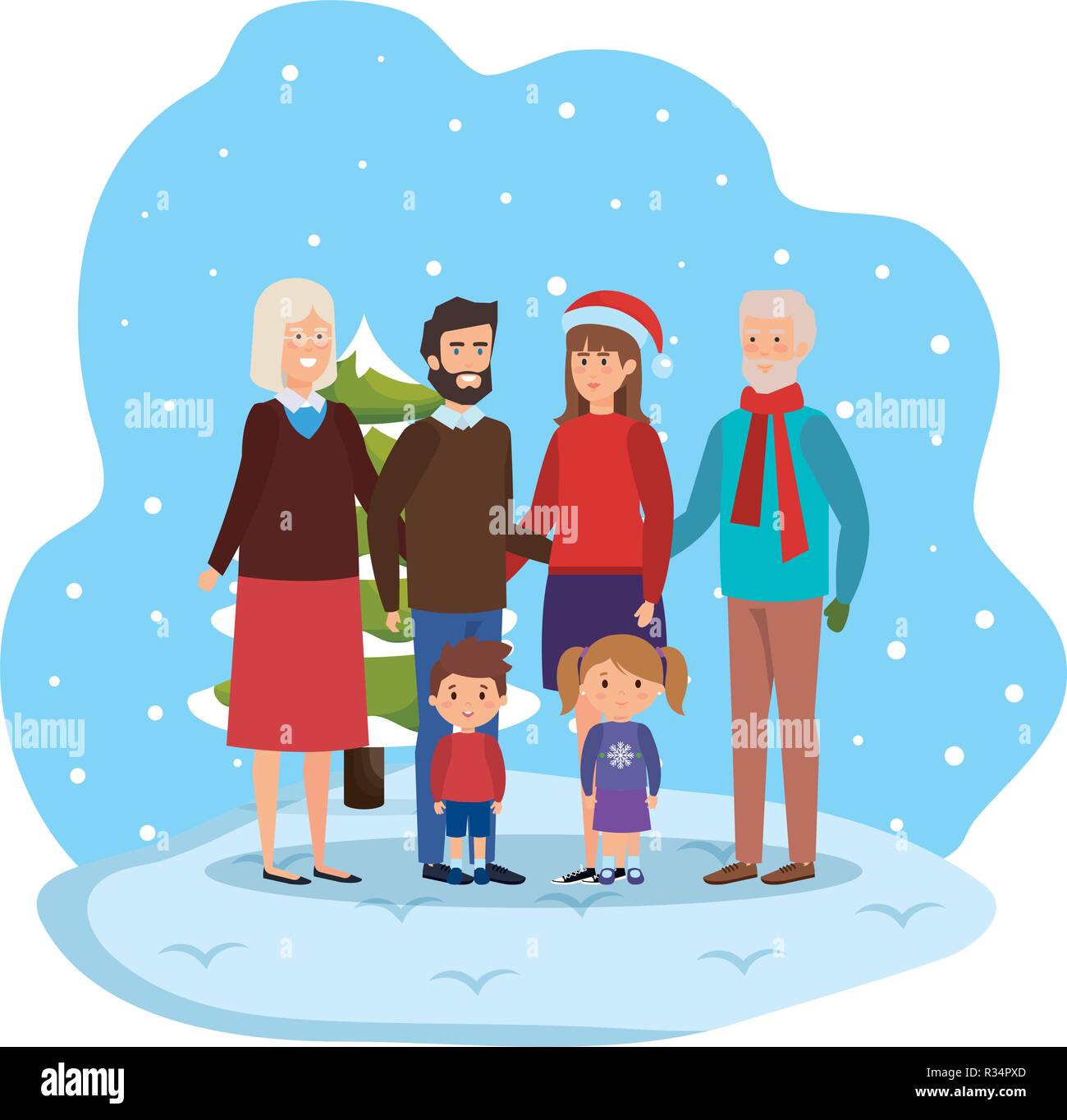 family members with winter clothes in snowscape vector illustration ...