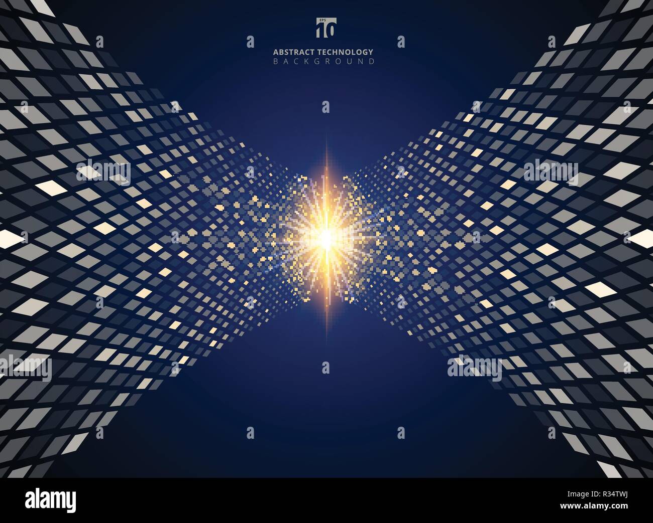 Abstract technology data sorting smart system perspective on blue background. Integration big data. Squares pattern. The explosion of light. Vector il Stock Vector