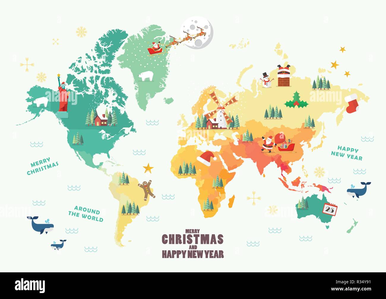 World Map with Christmas elements. Vector illustration Stock Vector
