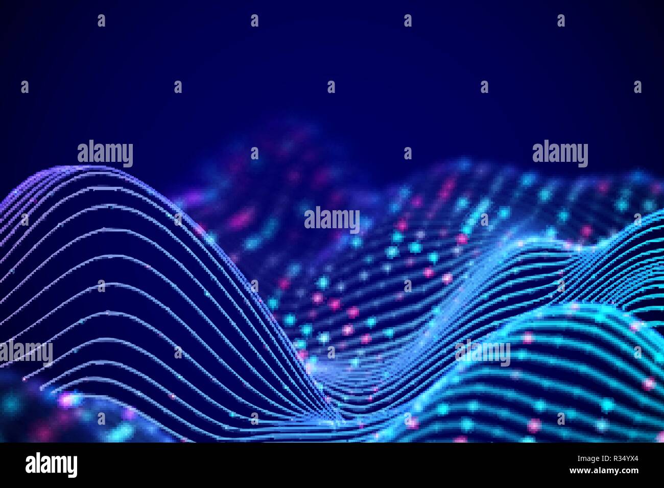 3D Sound waves with colored dots. Big data abstract visualization. Stock Vector
