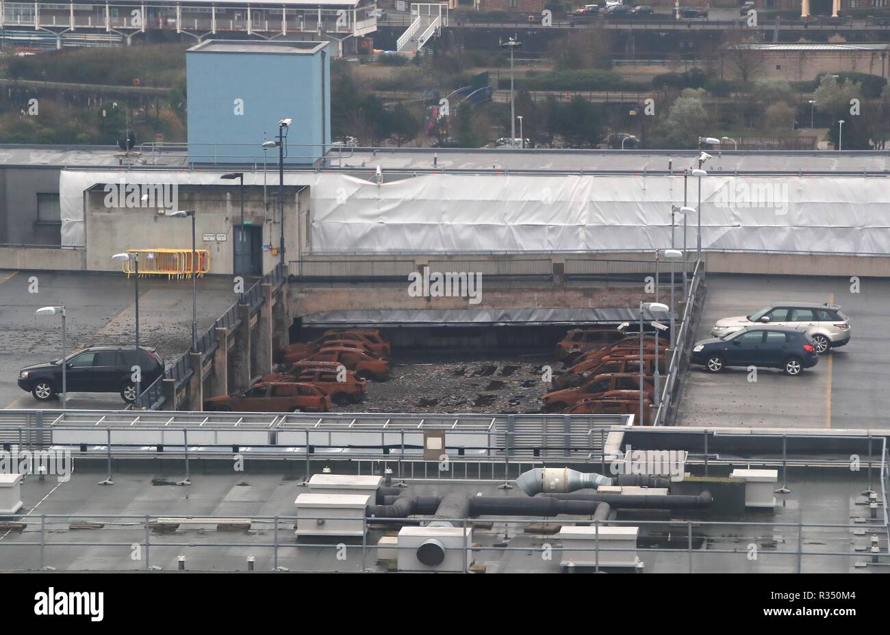 A view of the multi-storey Liverpool Waterfront Car Park near to the Echo Arena which was destroyed by fire on New Year’s Eve 2017. Work starts on Wednesday to remove almost 1200 cars which were caught in the blaze and to demolish the seven-storey car park. Stock Photo