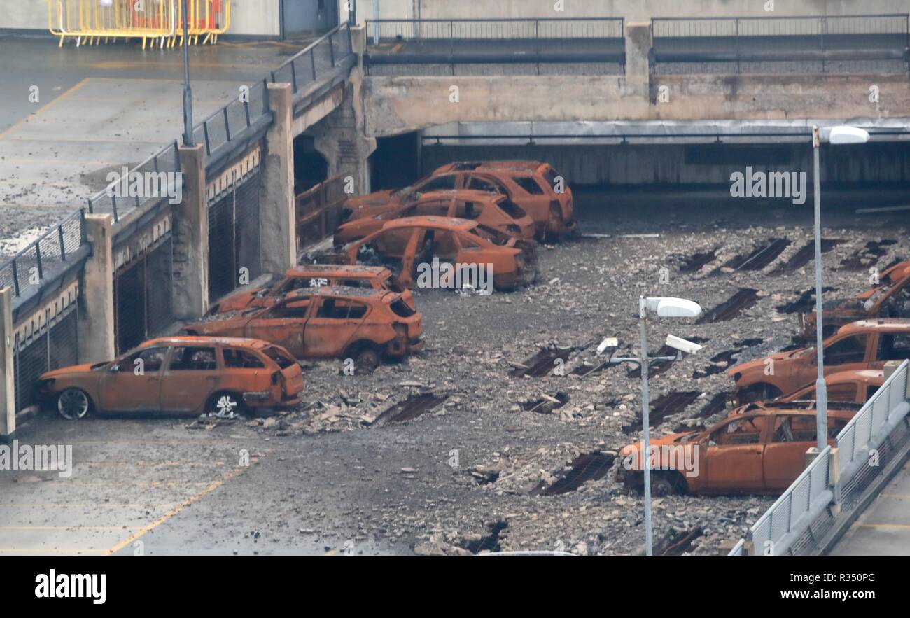 A view of burnt out vehicles on the multi-storey Liverpool Waterfront Car Park near to the Echo Arena which was destroyed by fire on New YearÕs Eve 2017. Work starts on Wednesday to remove almost 1200 cars which were caught in the blaze and to demolish the seven-storey car park. Stock Photo