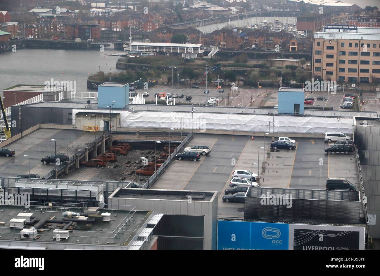 A view of the multi-storey Liverpool Waterfront Car Park near to the Echo Arena which was destroyed by fire on New Year’s Eve 2017. Work starts on Wednesday to remove almost 1200 cars which were caught in the blaze and to demolish the seven-storey car park. Stock Photo