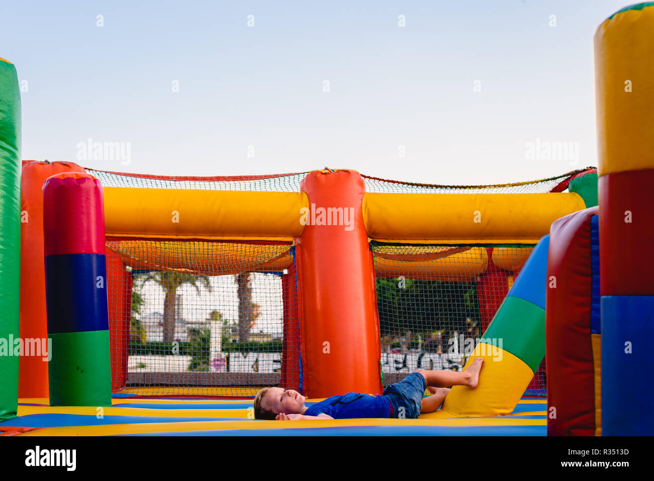 Inflatable castle of many colors without anyone. Stock Photo